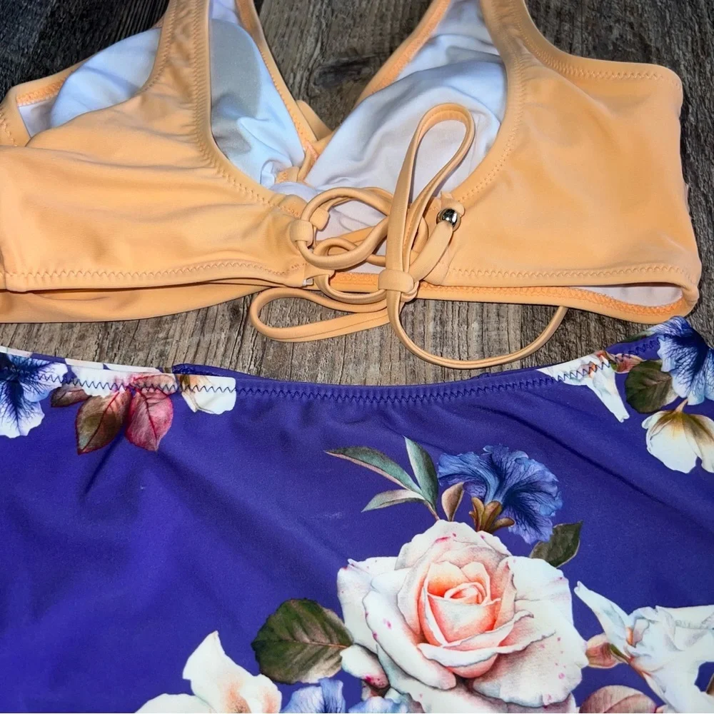 Cupshe orange top tie back & blue floral high waist bottoms size small